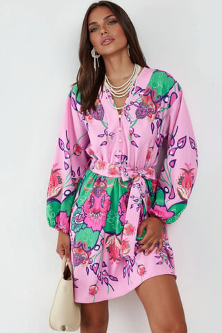 Floral V-Neck A-Line Mini Dress with Belt