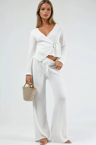 Textured Wide Leg Trousers with Drawstring Waist