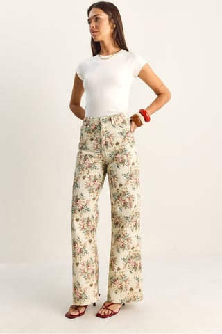 High Waist Paisley Print Straight Leg Denim Pants