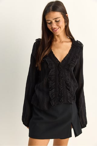 Frilly V-neck Striped Blouse