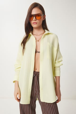 Oversized Textured Cotton Shirt with Pocket