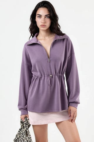 Zipper Collar Sweatshirt with Adjustable Waist