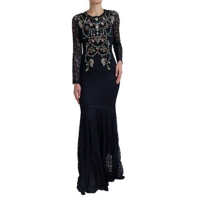 Dolce & Gabbana Blå Crystal Floral Spets Lång Klänning