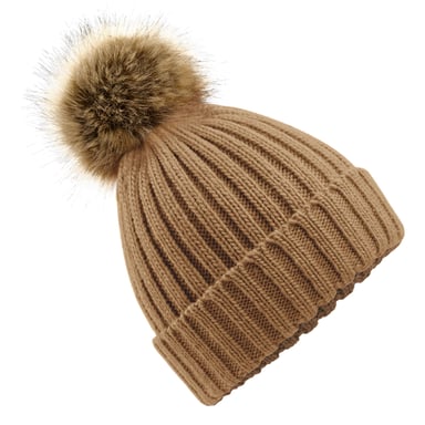 Beechfield Chunky Faux Fur Pom Pom Beanie (Biscuit)