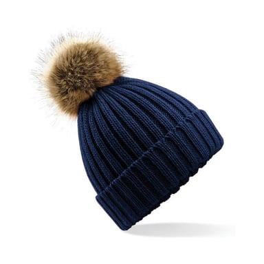 Beechfield Pom Pom Faux Fur Chunky Knit Beanie (Navy Blue)