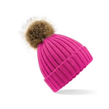 Beechfield Pom Pom Faux Fur Chunky Knit Beanie (Fuchsia)