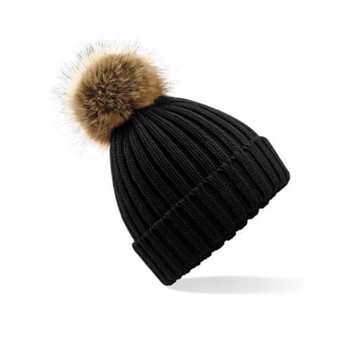 Beechfield Pom Pom Faux Fur Chunky Knit Beanie (Black)