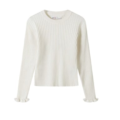 Minoti Girls Plain Ribbed Frill Cuff Long-Sleeved Sweatshirt (White)