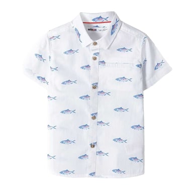 Minoti Boys Printed Poplin Short-Sleeved Shirt (White)