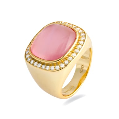 Luxenter 925 sterling silver ring with pink mother-of-pearl and crystal doublet, finished in 18K yellow gold - Exiuh