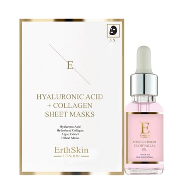 Rozenbloesem Gloed Gezichtsolie 30ml + Hyaluronzuur & Collageenmasker - 3 Stuks