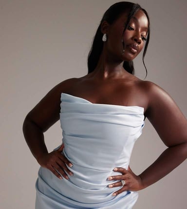 ASOS DESIGN Curve satin bandeau bridesmaid maxi dress in light blue