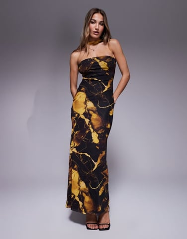 ASOS DESIGN mesh bandeau maxi dress with neck tie detail in yellow marble print