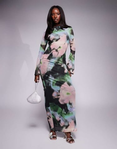 ASOS DESIGN low back floral mesh maxi dress with angel sleeves in green abstract print