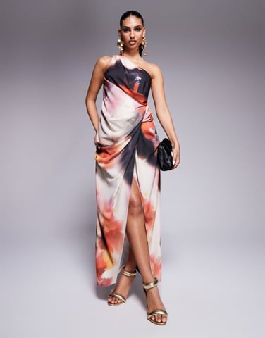 ASOS DESIGN one shoulder draped midaxi dress with split in abstract floral print