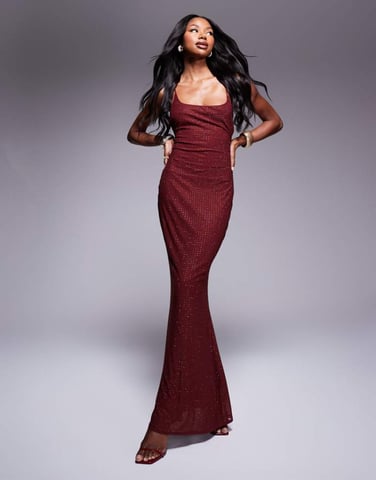 ASOS DESIGN hotfix sequin square neck maxi cami dress with back lace up detail in wine