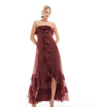 ASOS DESIGN Tall bardot ruffle off shoulder maxi dress in burgundy