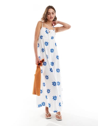 ONLY maxi slip dress with bust ruching in swirl star print in white