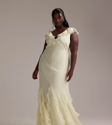 ASOS DESIGN Curve Bridesmaids flutter sleeve bias maxi dress with godet frill hem in soft yellow