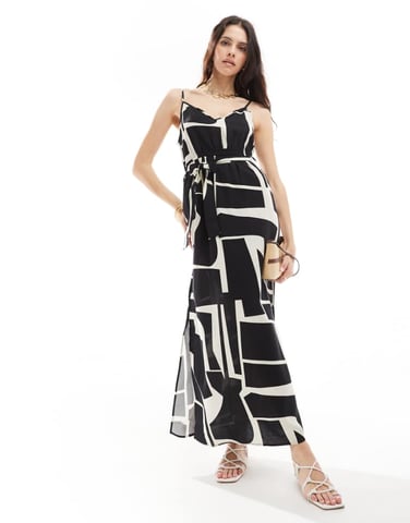 Vero Moda v neck maxi dress with tie waist in abstract mono print