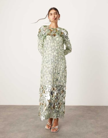 ASOS EDITION staplad multifärgad paljett långärmad kolumn midaxi-klänning i grön