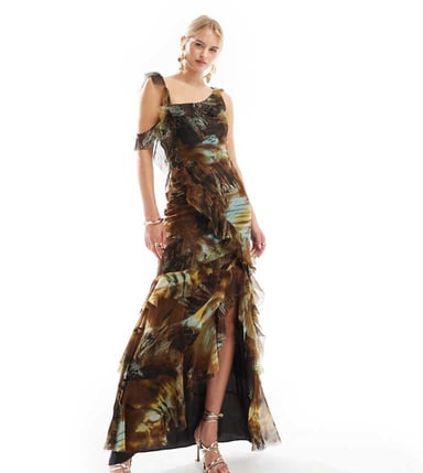 ASOS DESIGN Tall asymmetric shoulder bias cut maxi dress with ruffle details in abstract print
