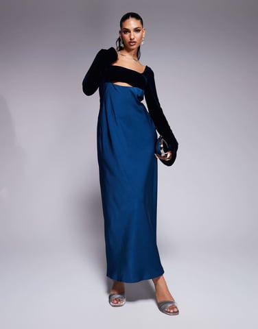 ASOS DESIGN square neck velvet satin mix midaxi dress with cut out in blue