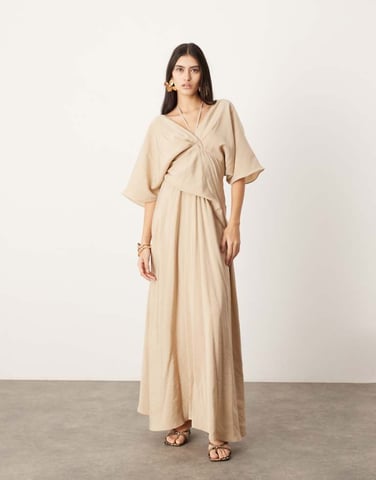 ASOS EDITION short sleeve v neck tie detail maxi dress in stone