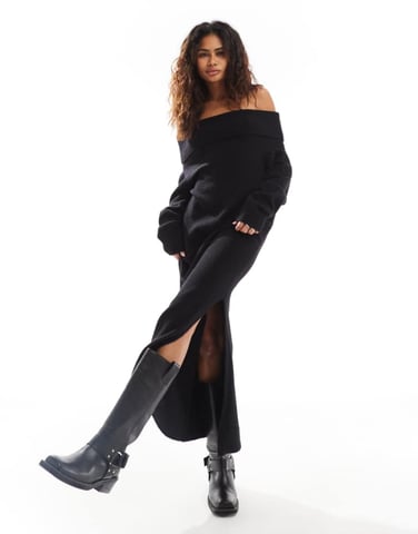 Weekday Malena bardot knitted maxi dress with side split in black exclusive to ASOS