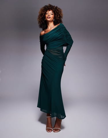 ASOS DESIGN long sleeve slouchy bardot mesh mix maxi dress in bottle green