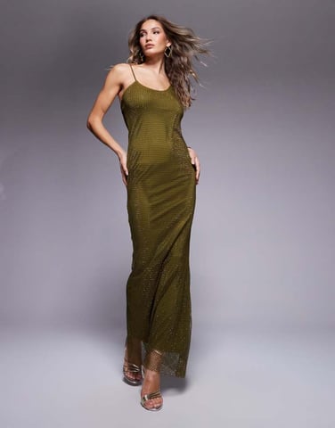 ASOS DESIGN fishnet hotfix asymmetric cowl maxi dress in olive green