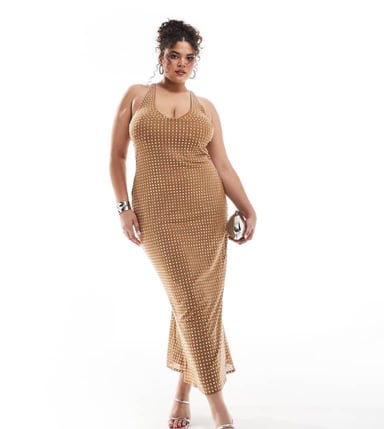 ASOS DESIGN Curve scooped halter neck midi dress in lazercut hotfix in tan