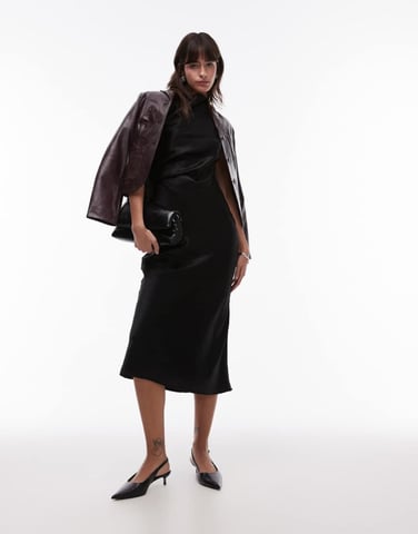 & Other Stories bias cut satin midi dress with drape detail and extended shoulder in black