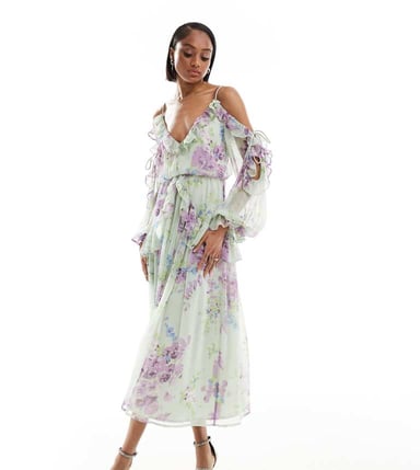 ASOS DESIGN Lång volang off-shoulder midiklänning i grön blommönster