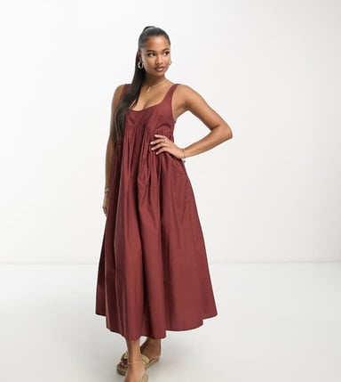 ASOS DESIGN Petite fyrkantig halsringning midi smock sundress i rostbrun