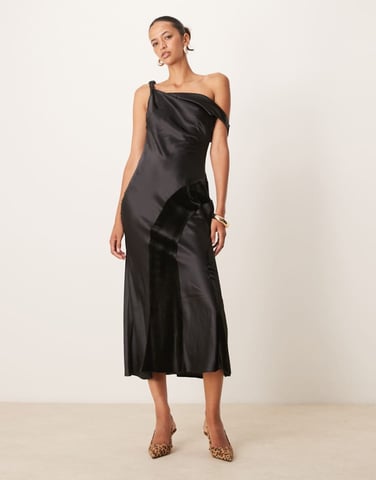 ASOS DESIGN twist off shoulder midi dress in velvet and satin in black