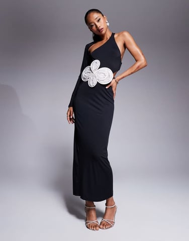 ASOS DESIGN wrap around one shoulder midi dress with oversized contrast floral embellishment in black