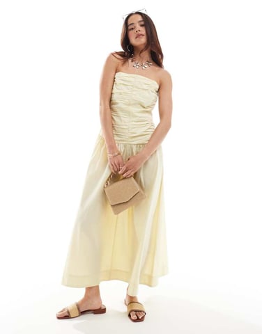 ASOS DESIGN full skirt off shoulder midi dress with ruched bodice in buttermilk
