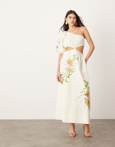 ASOS EDITION broderad blommig axelpuffärm midi klänning i krämfärg