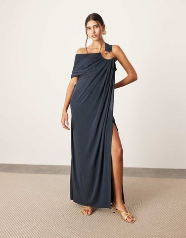 ASOS EDITION asymmetric neck maxi dress with spiral trim in dark blue