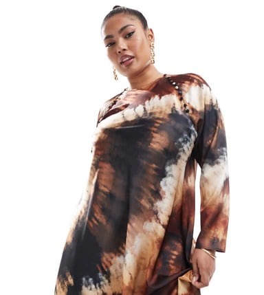 ASOS DESIGN Curve satin biased maxi dress in button detail in blurred floral print