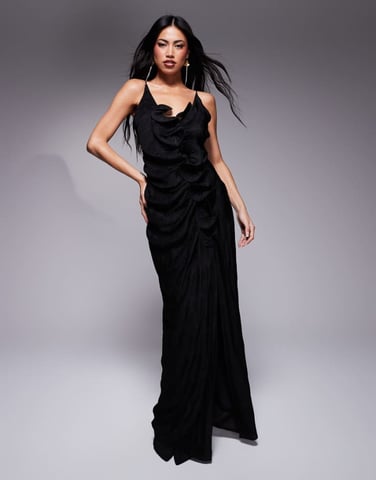 ASOS DESIGN plisse cami maxi dress with waterfall corsage ruffle in black