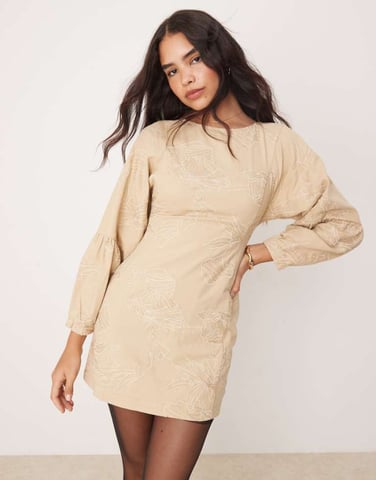 ASOS DESIGN mini embroidered twill dress in stone