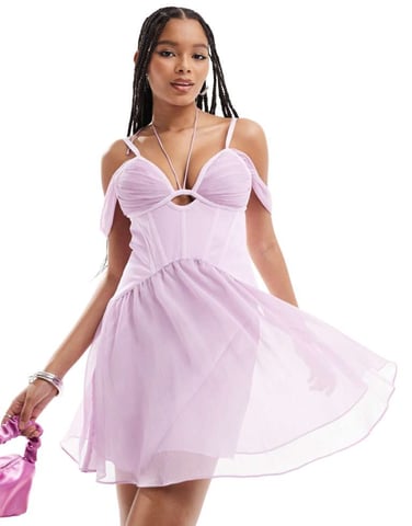 ASOS DESIGN chiffon mini dress with satin corset detail in lilac