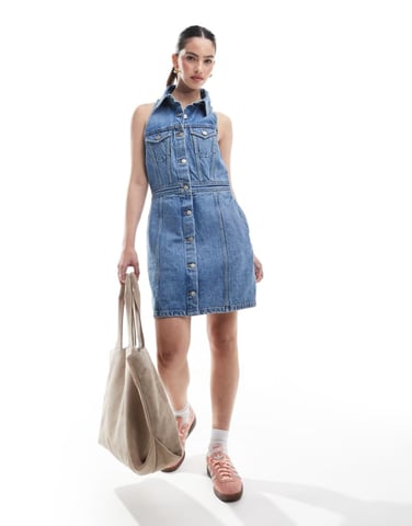 Dr Denim Kinsley button front sleeveless collar mini dress in mid wash blue