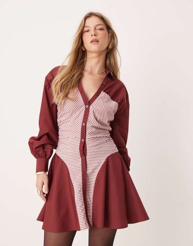 ASOS DESIGN ruched panel mini shirt dress in burgundy stripe mix