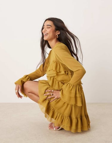 ASOS DESIGN long sleeve ruffle tiered mini dress in ochre