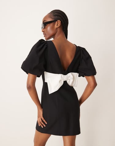 Forever New bow back puff sleeve mini dress in black