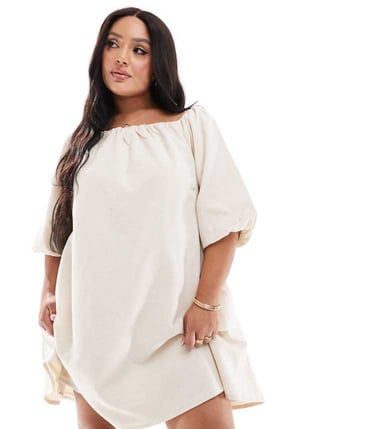 In The Style Plus linneblandning bardot puffärmad kort klänning i sten