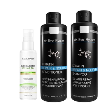 Keratine Herstel & Voeding Shampoo 300 ml + Keratine Herstel & Voeding Conditioner 300 ml + SLIK & GLANZEND DROGE HAAROLIE 60 ML